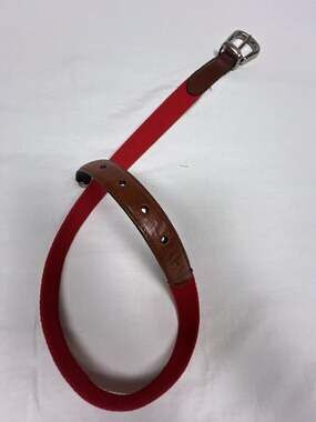 Woolrich Red Woven Canvas Belt with Brown Leather Accents and Solid Brass Buckle